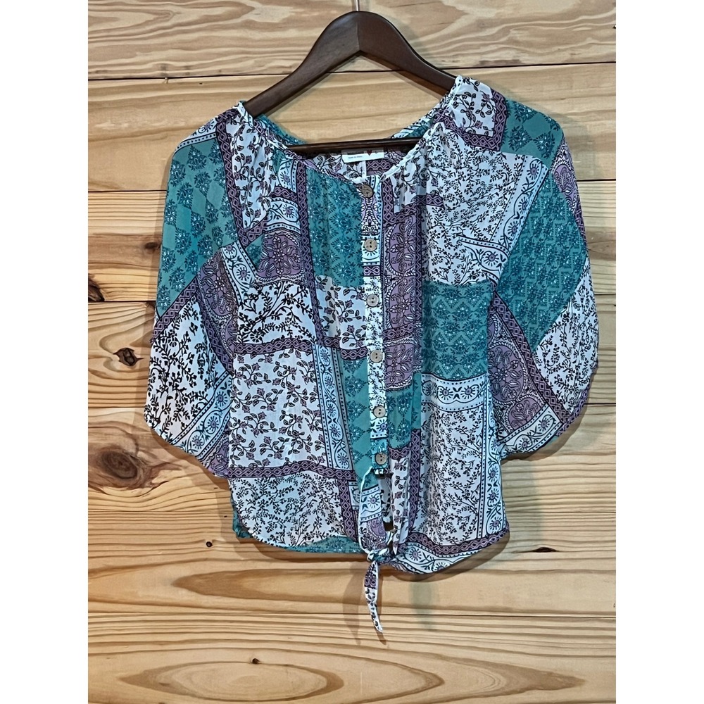Beautees Blue Green Sheer Boho Paisley Tie Crop Top Blouse Womens Large Coastal